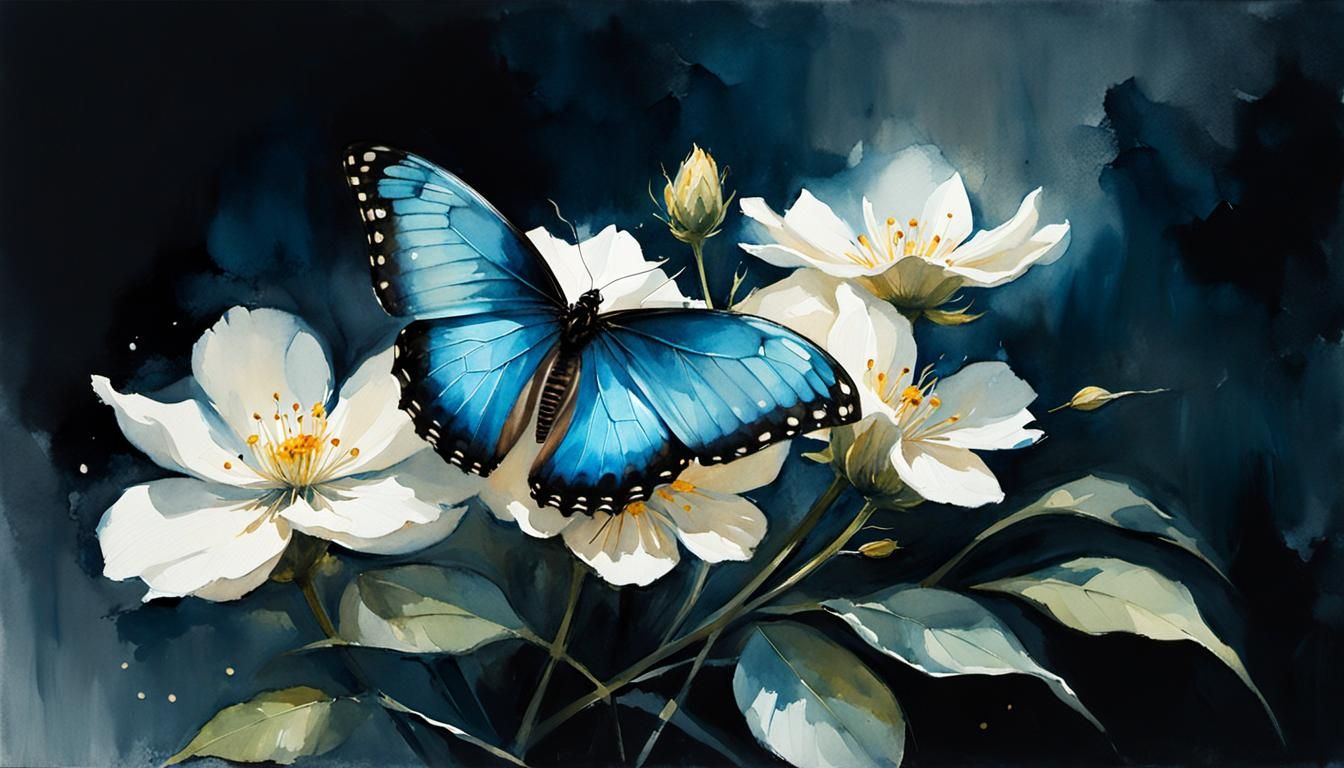 Morpho butterfly  sits on a flower, dark background watercol...