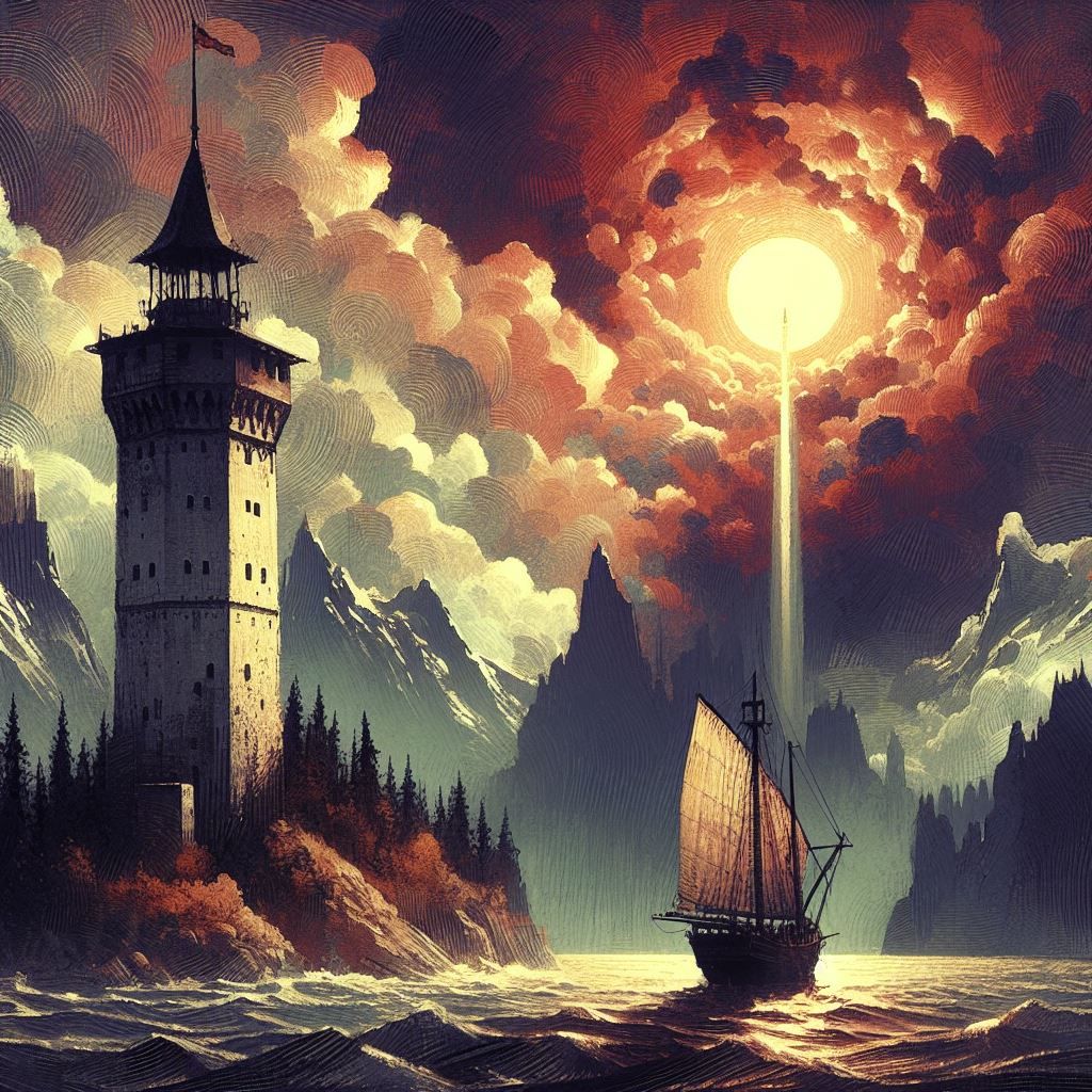 Fantasy Landscape with tower and ship