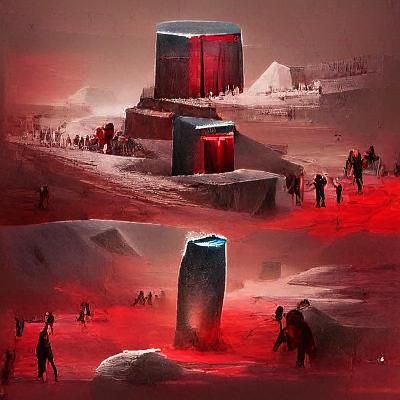 A cold red monolith concept art