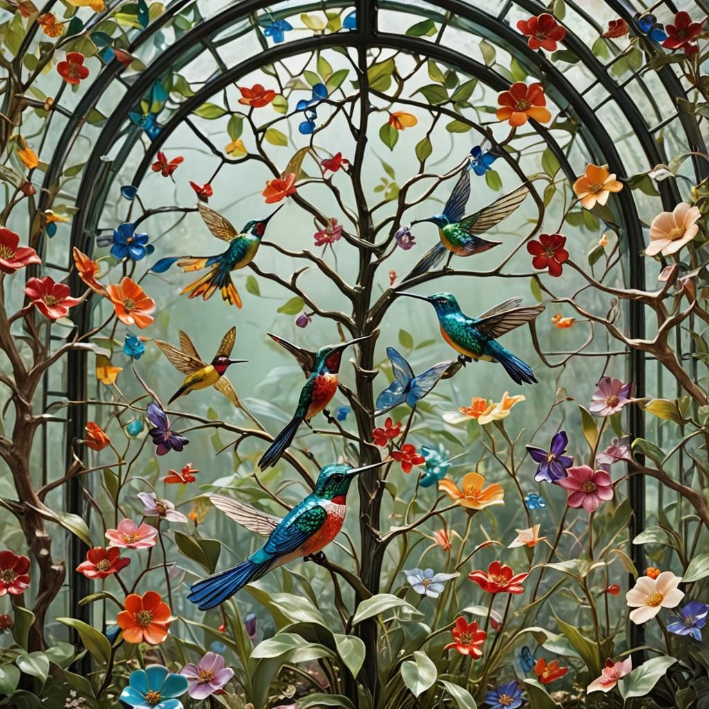 Enchanted Glass Conservatory: A serene, sunlit greenhouse filled with an exquisite collection of delicate glass flora and fauna. Vibrant, ha...