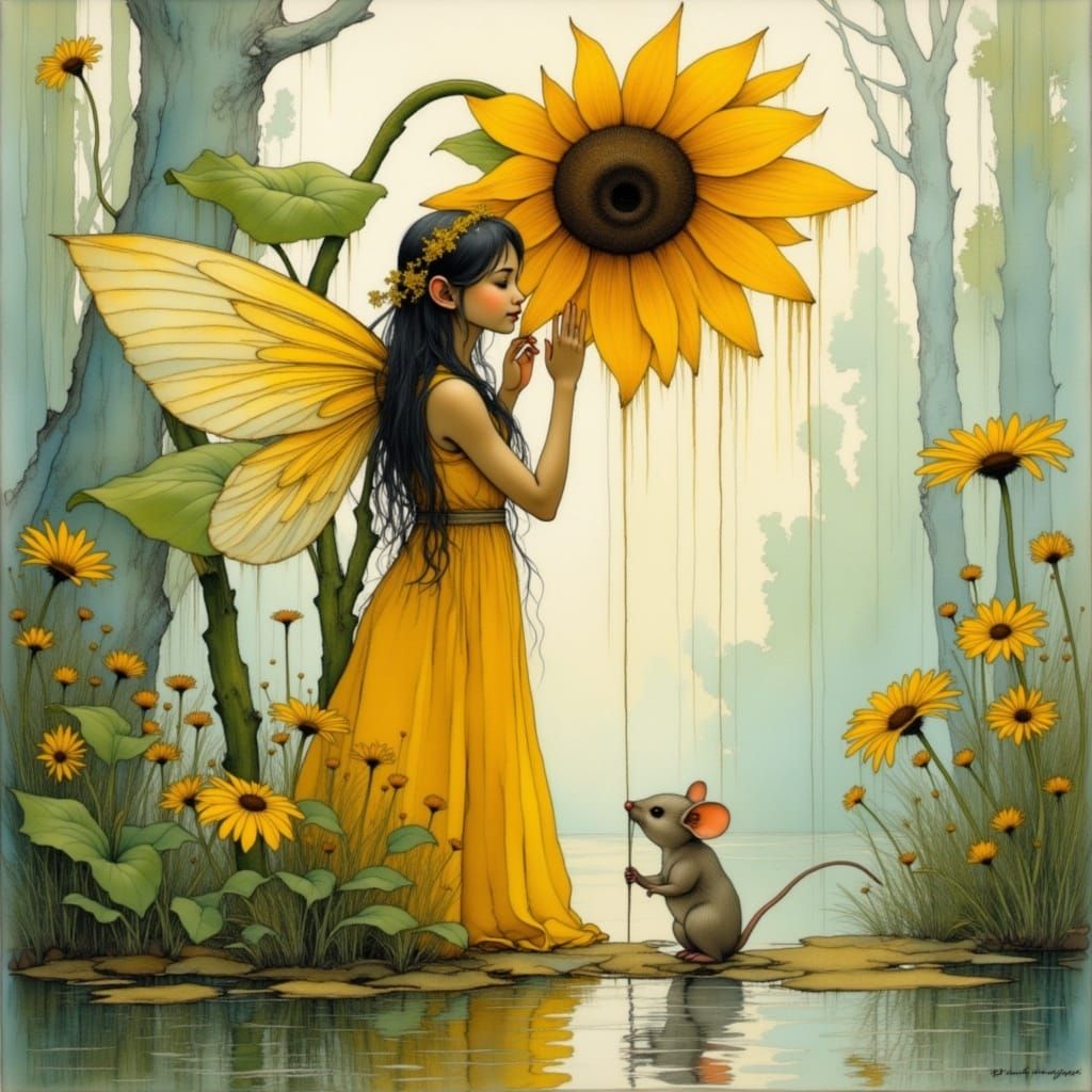 <lora:Dreamy:1.0> There is a fairy sheltering under a sunflower avoiding the rain with her sits a little mouse Dreamy Et...
