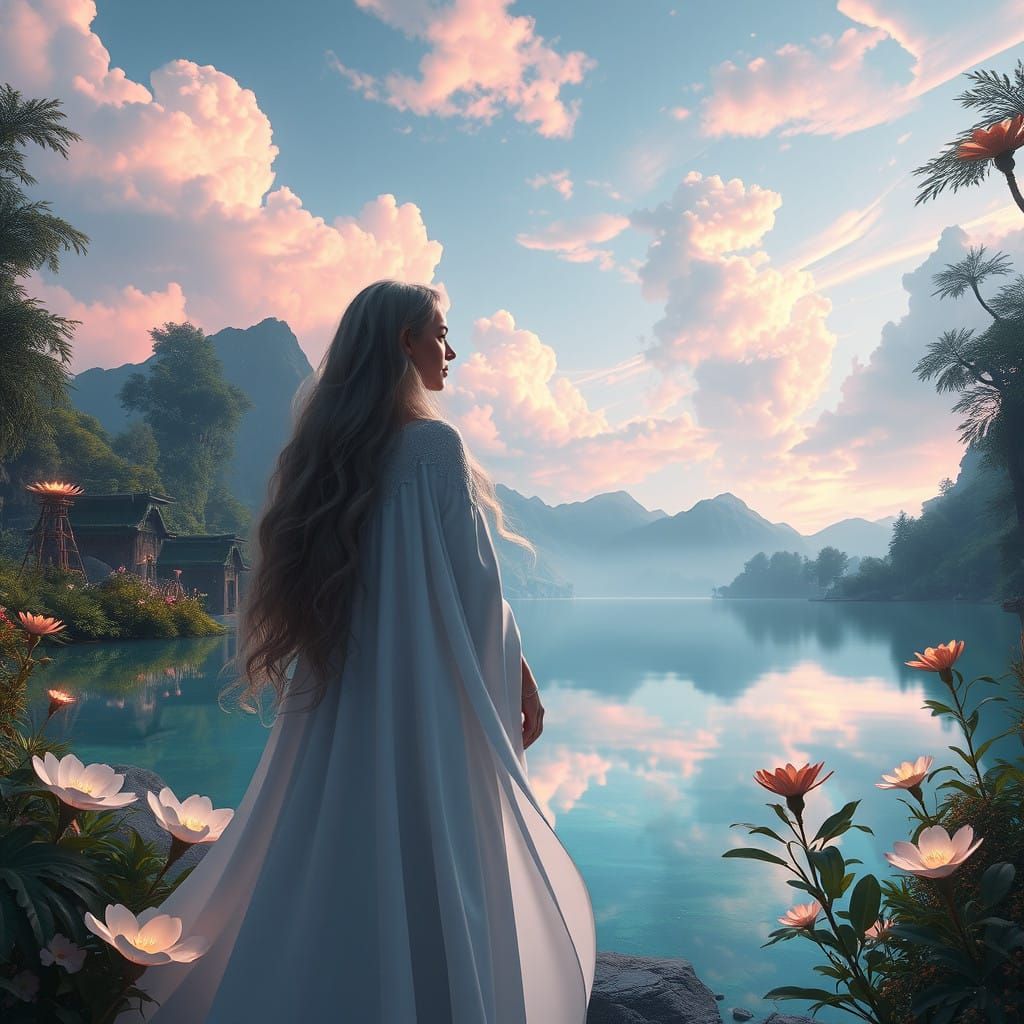 Ethereal Goddess at Lake's Edge in Dreamy Landscape