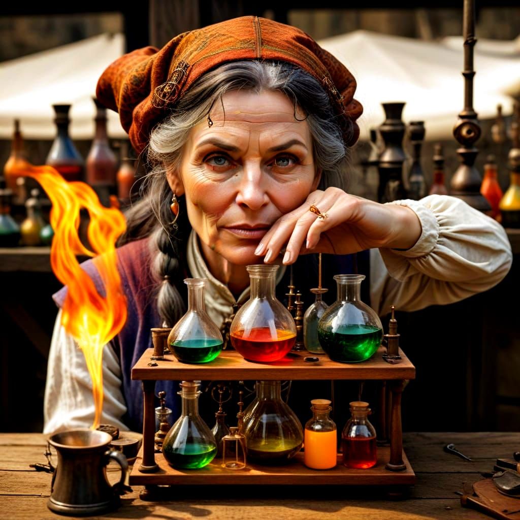 Medieval Alchemist Lady in Vibrant Laboratory