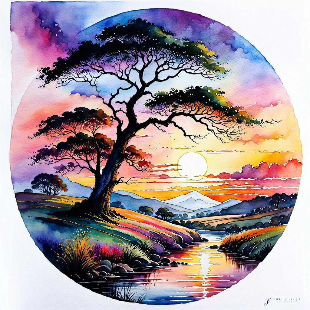 Sunset summer landscape splashy Watercolour by JB, Waterhouse ...