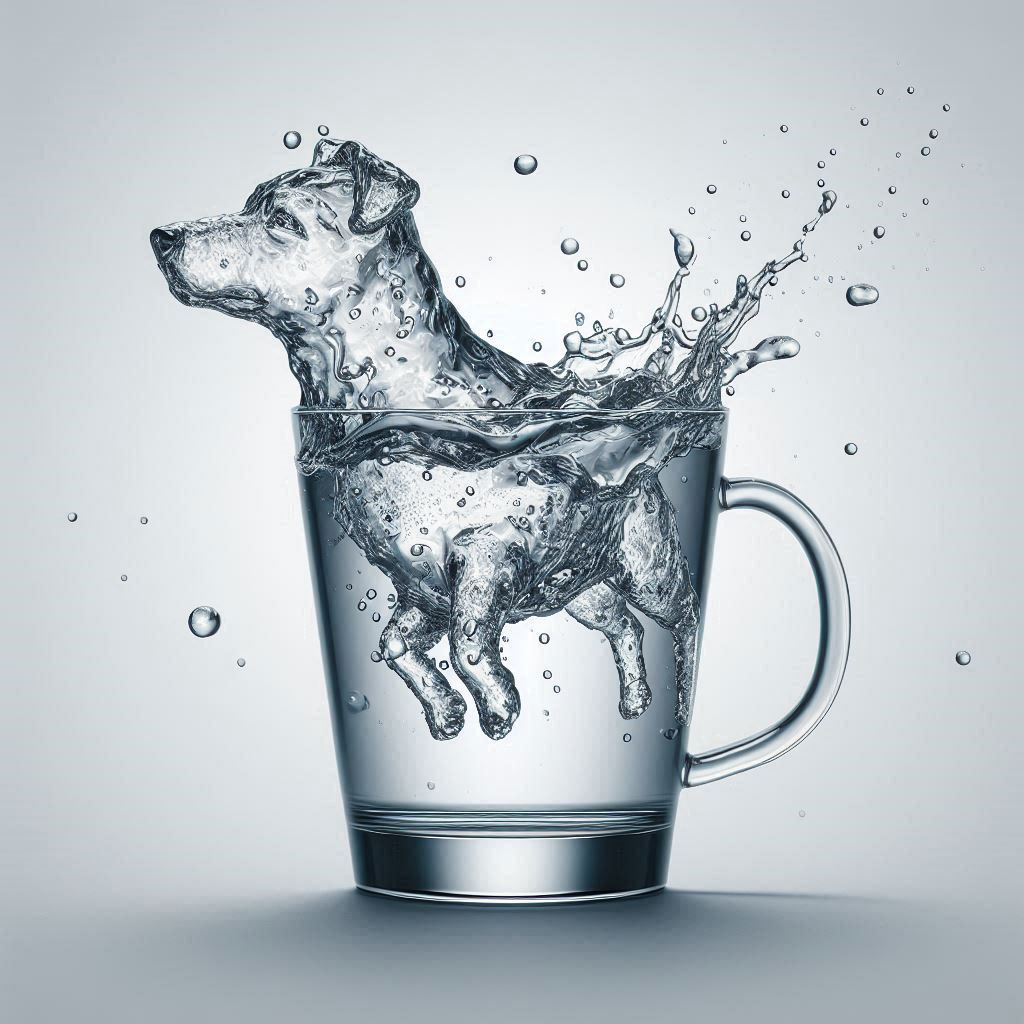 Dog made of water coming out from a glass cup