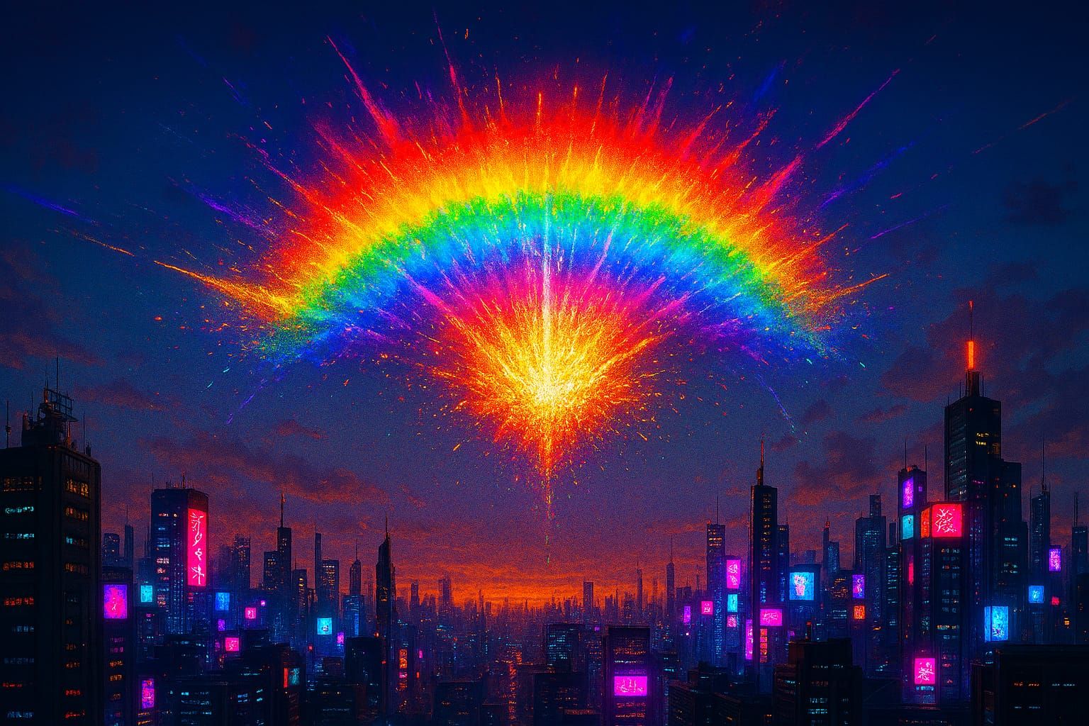 Rainbow Explosion over a Cyberpunk City