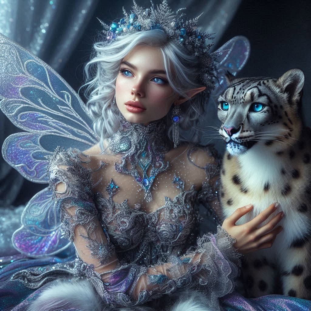 Martina, Elven Fairy and her Snow Leopard Manson