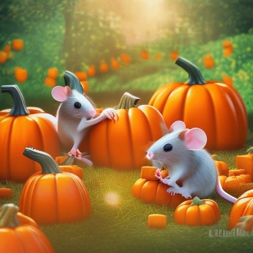 Mice playing pumpkin garden