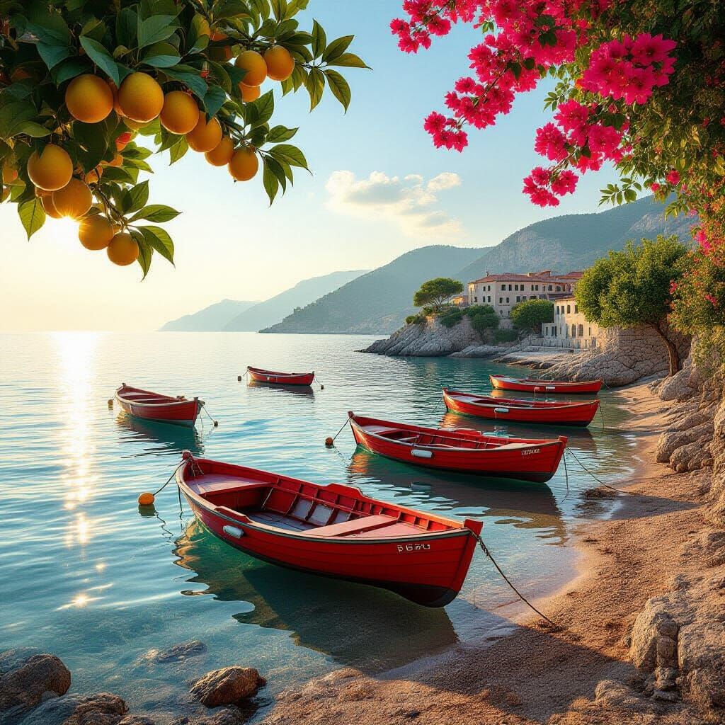 Hyper-realistic cinematic scene, ultra-detailed, 8K quality.
A tranquil Mediterranean coastal landscape at early morning.
Crystal-clear tran...