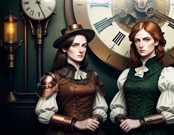 Two identical female twin sisters in identical uniforms, sta...