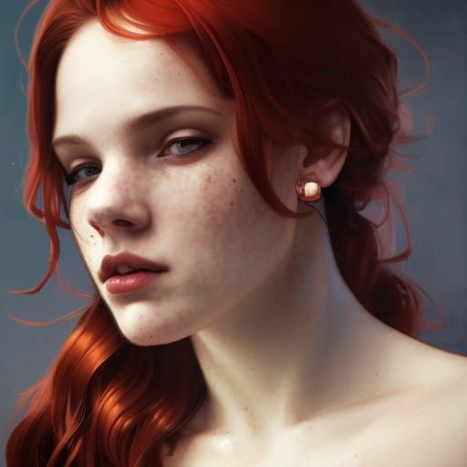 A young woman with red hair and lots of light freckles and a black tube ...