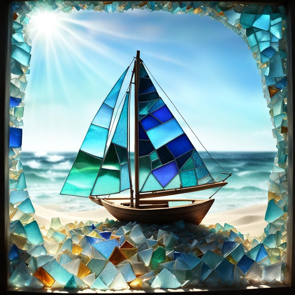 Beach Glass Sailboat Mosaic v9