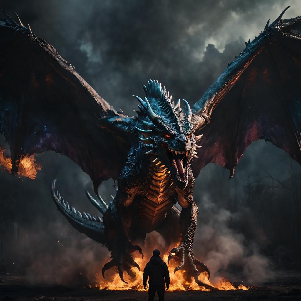 a hyper realistic cinematic colorfull scene a dark big drago...