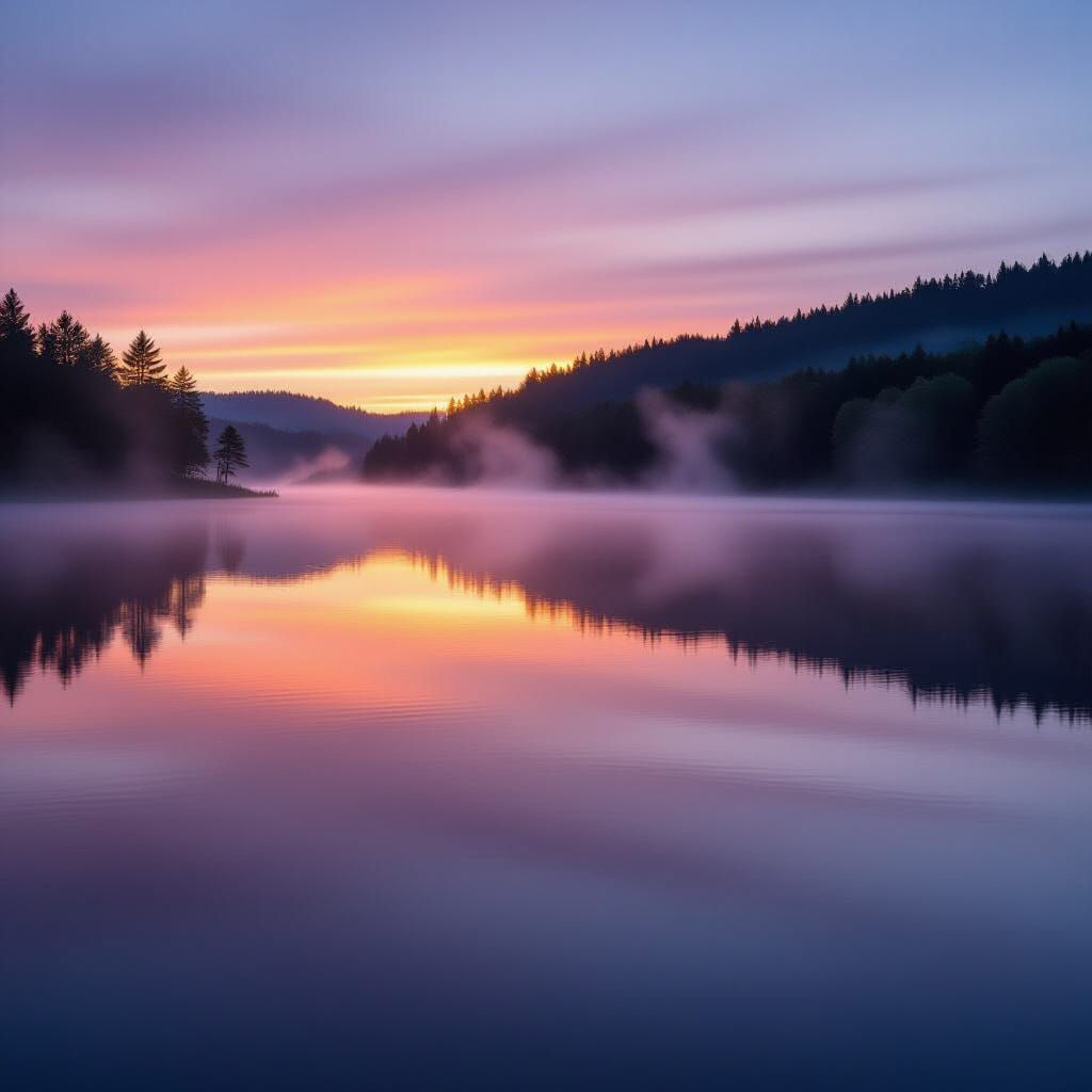Serene Lake Sunrise Reflection in Hyperrealistic Style