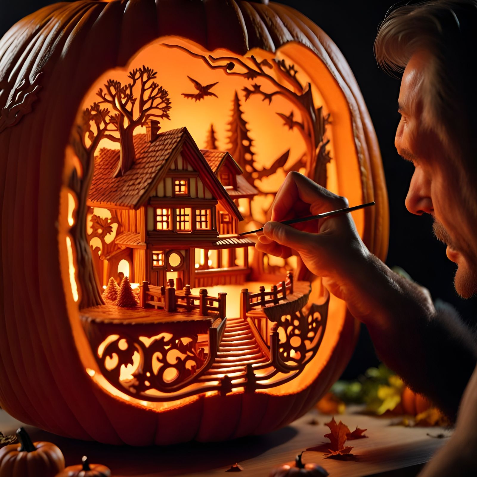 Master Carver Finishing a Jack-O-Lantern Pumpkin Creation  by @NitNoy