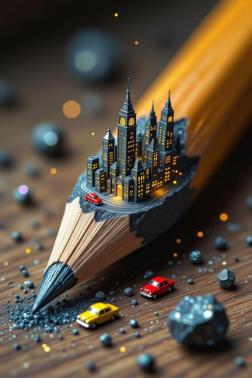 miniature city on a pencil