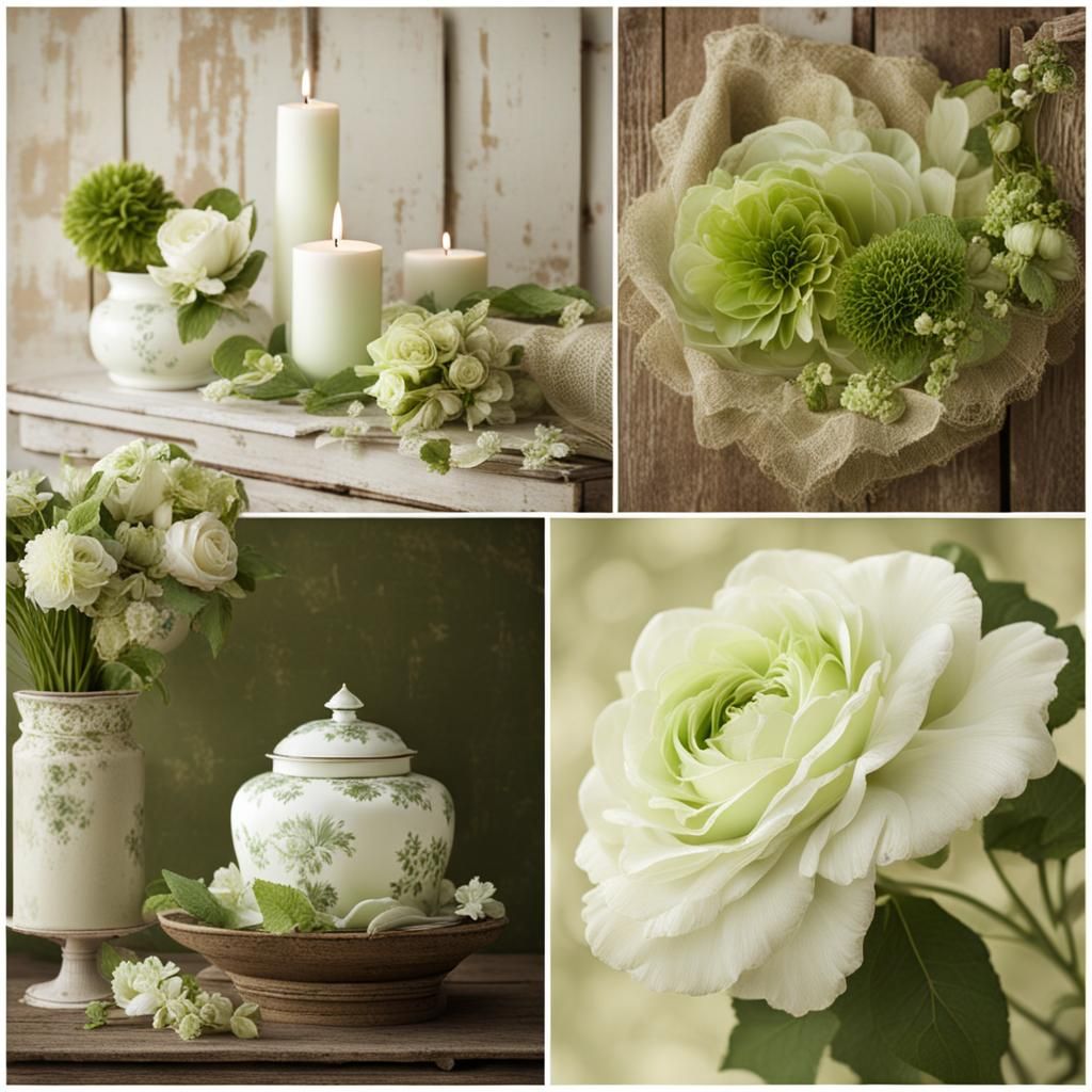 4 separate images of shabby chic greens and whites sepia