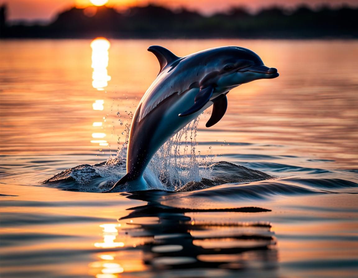 A dolphin dancing on the water surface beneath a bright sunset AI
