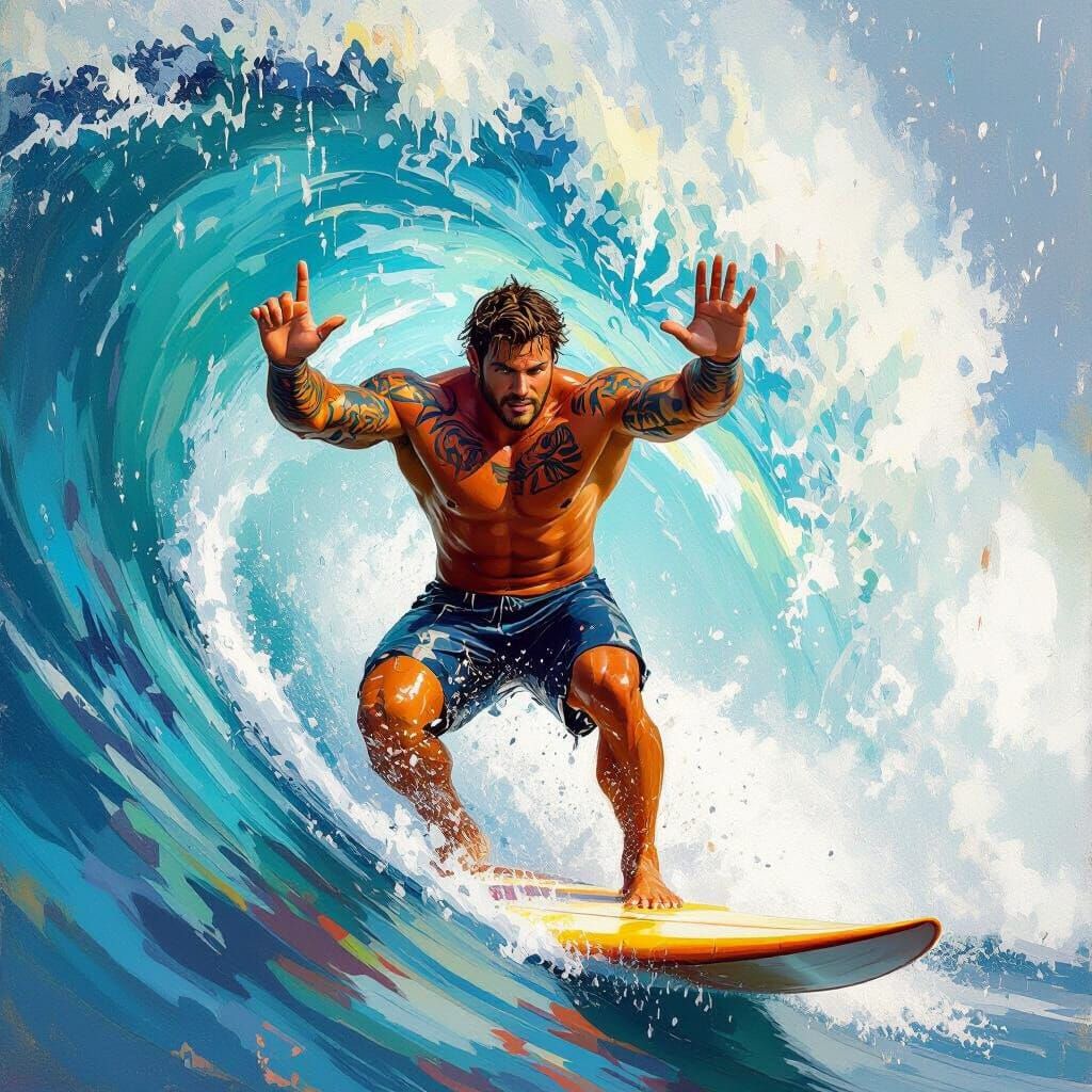 Surfer Rides High Wave in James Gurney Oil Painting Style