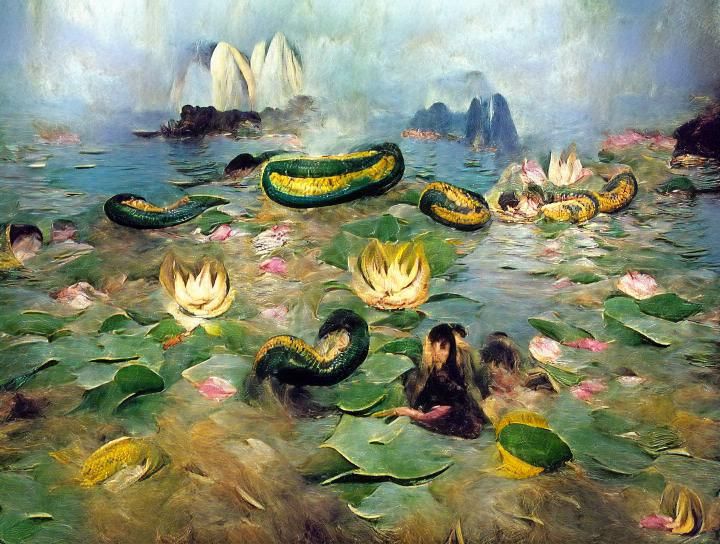 Sea serpents amongst the lotus lilies, Impressionism, oil on...