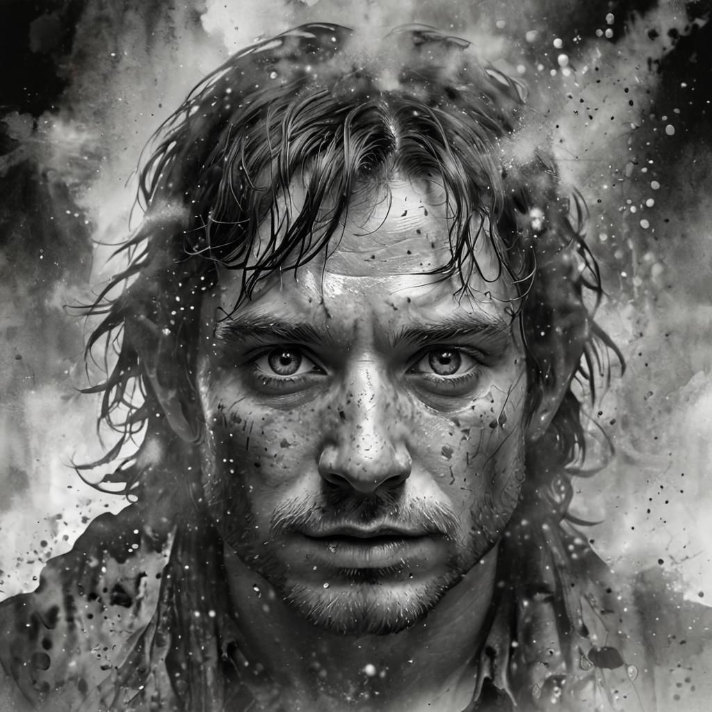 Black and White portrait of a lord of the rings, mist, fog, ...