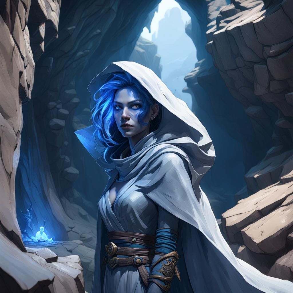 female, enderling, blue skin, blue tail, looking out of cave, wrapped in a sheet