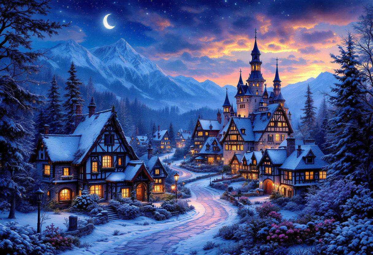 Twilight's Crescent Moon over Winter Valley