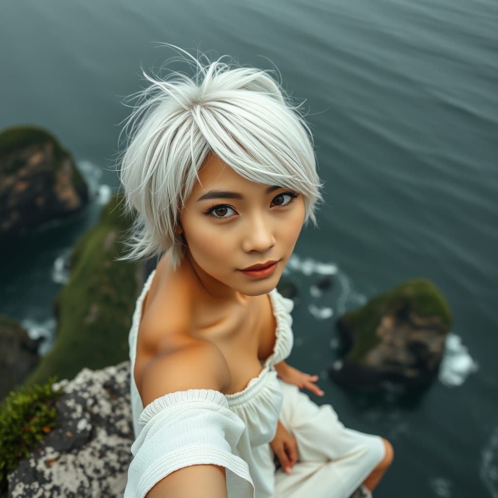 Hyperrealistic Thai Woman on Cliffs Overlooking Sea