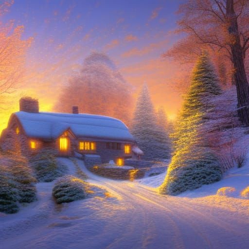 Warm cottage on a sparkling snowy mountain at sunrise Profes...
