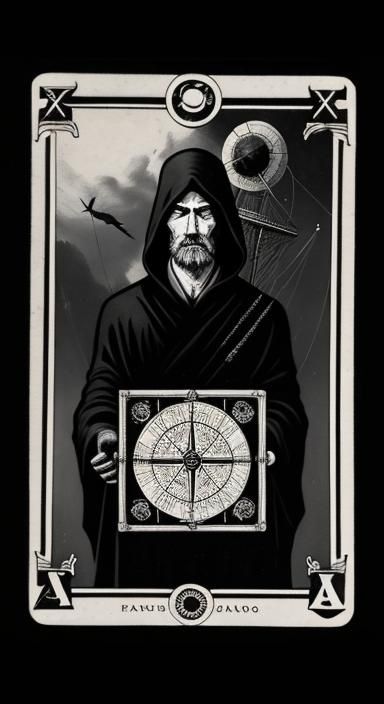 black and white photography. fog. old fashioned tarot card d...
