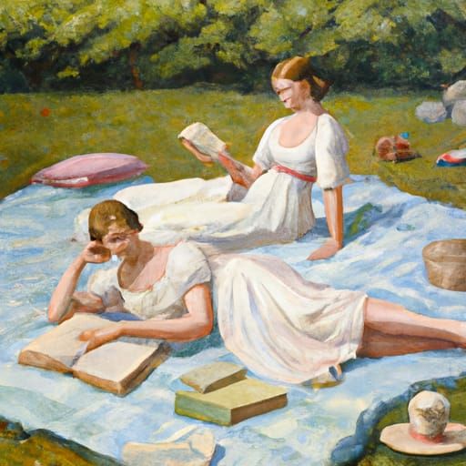 two women reading on a picnic blanket