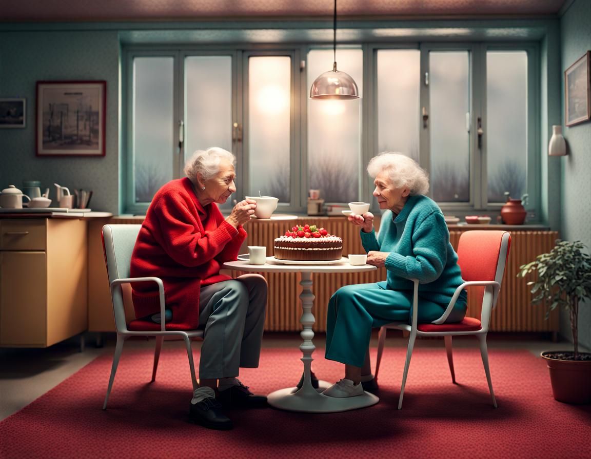 Two happy elderly people eating cake and tea