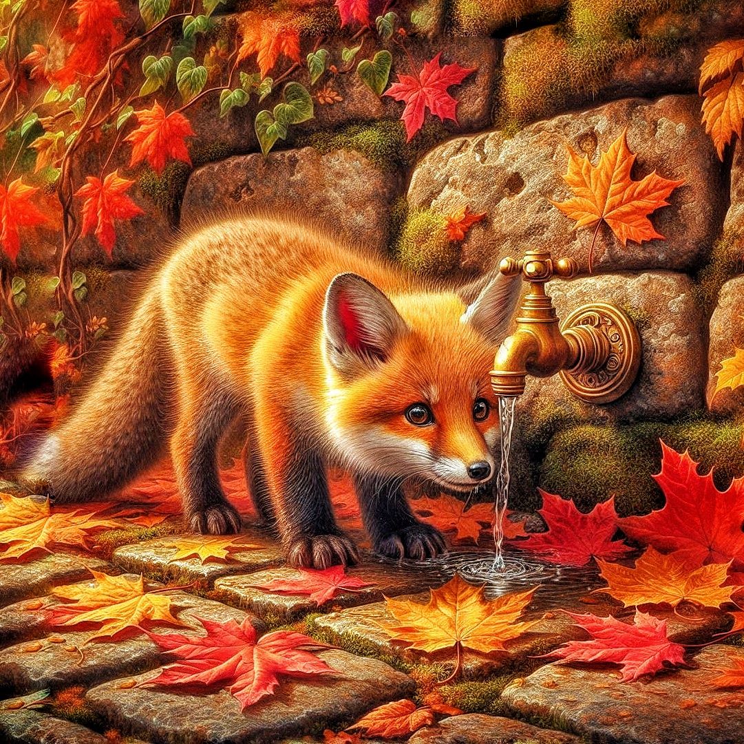 Curious and thirsty fox cub