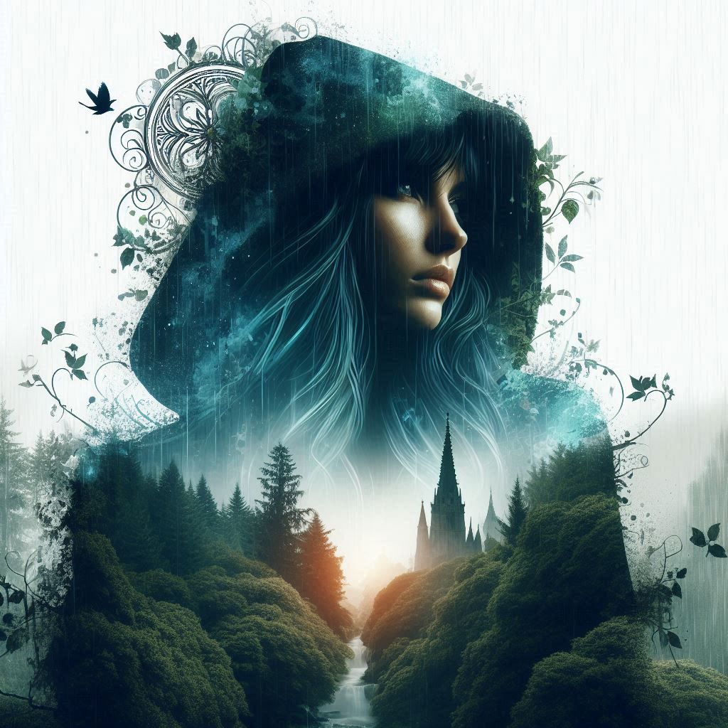 double exposure beautiful fantasy DALL-E 3 portrait landscape..