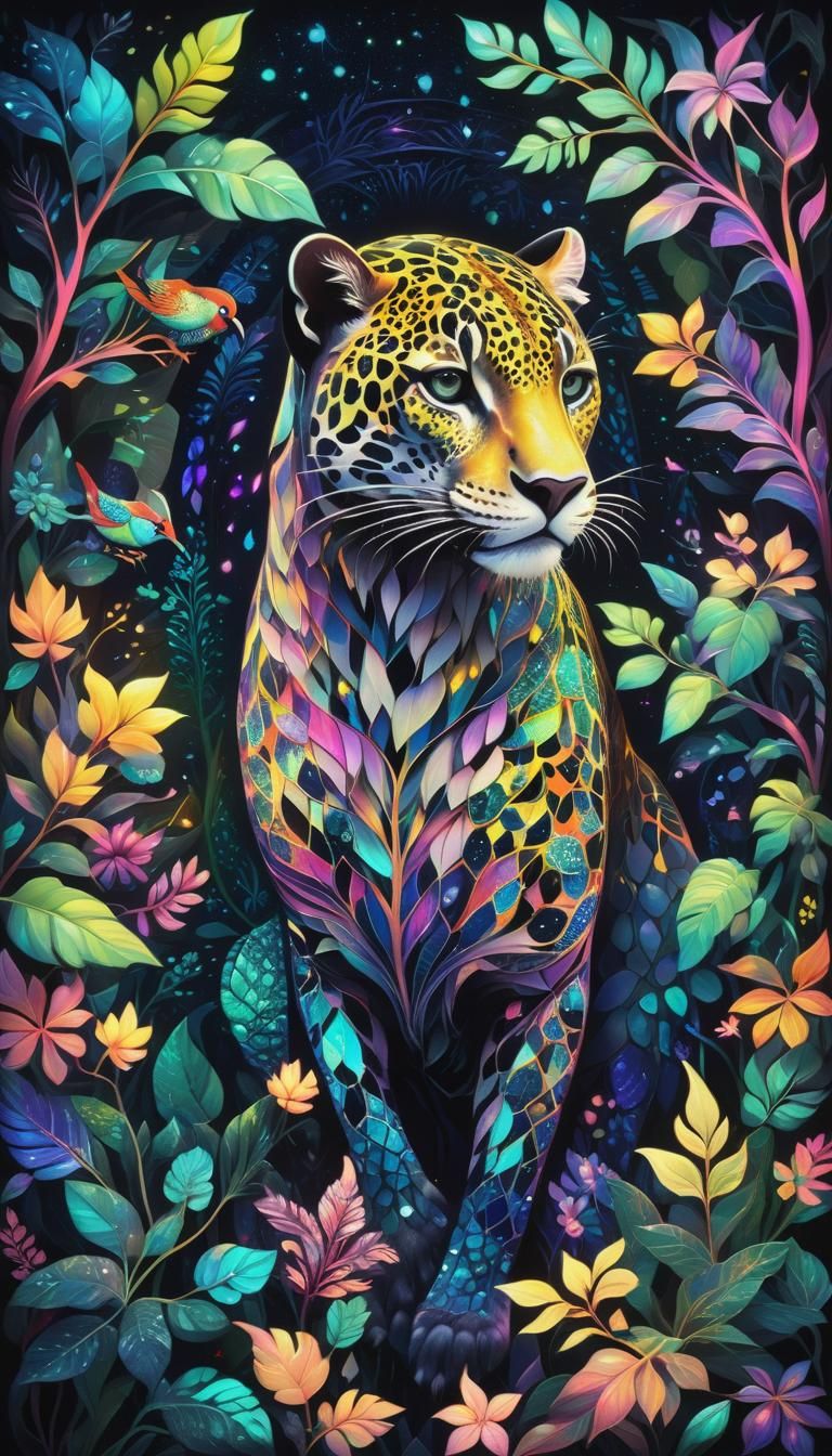 A surreal mural blending vibrant nature with imaginative elements. The scene includes kaleidoscopic patterns ...  by @MerlinSter