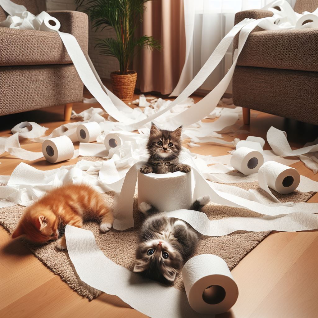 😺kittens playing with a roll of toilet paper
