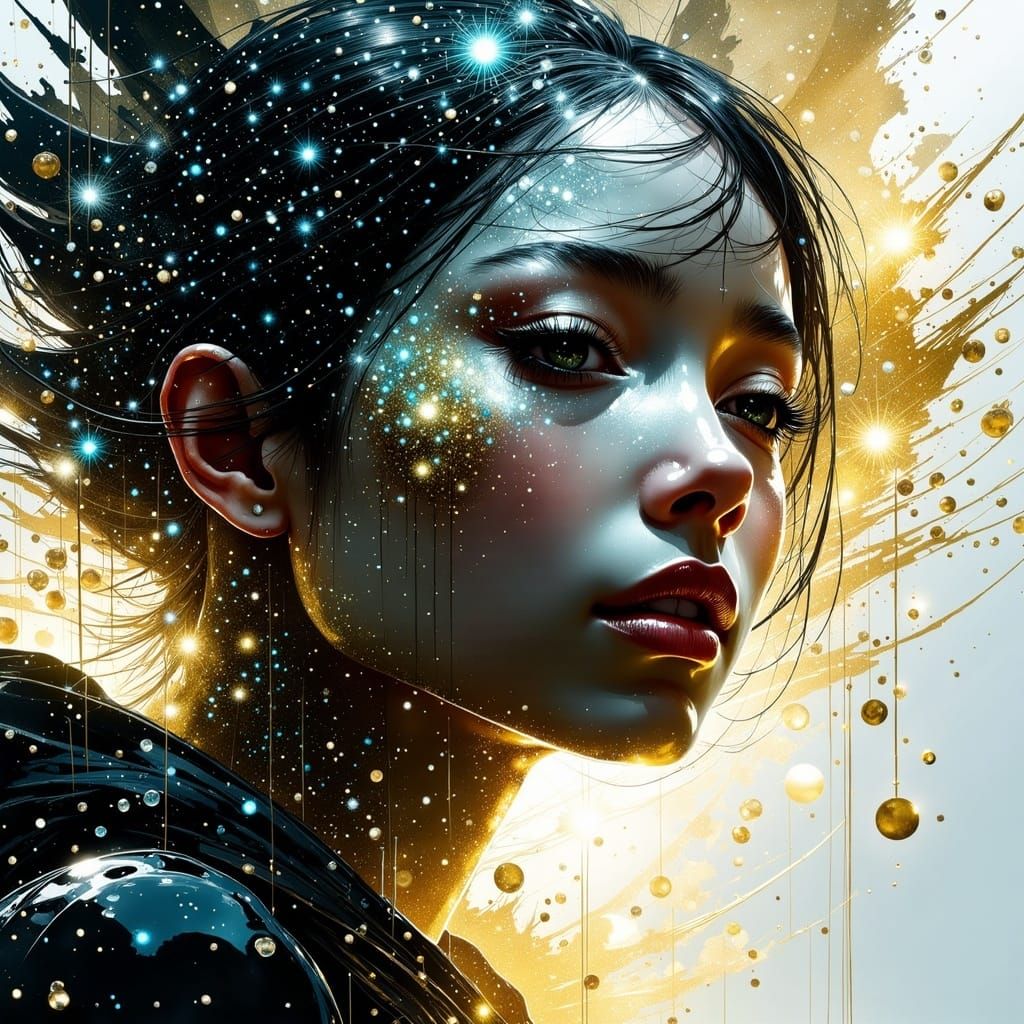 <lora:Make it sparkle:1.0>8k; crazed sci fi woman: face portrait, gold blue white red by Jeremy Mann, Carne Griffiths, Junji Ito, Robert Oxl...