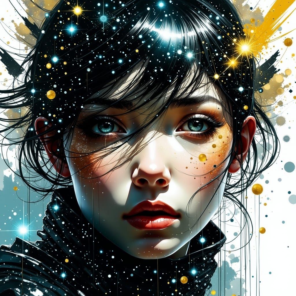 <lora:Make it sparkle:1.0>8k; crazed sci fi woman: face portrait, gold blue white red by Jeremy Mann, Carne Griffiths, Junji Ito, Robert Oxl...