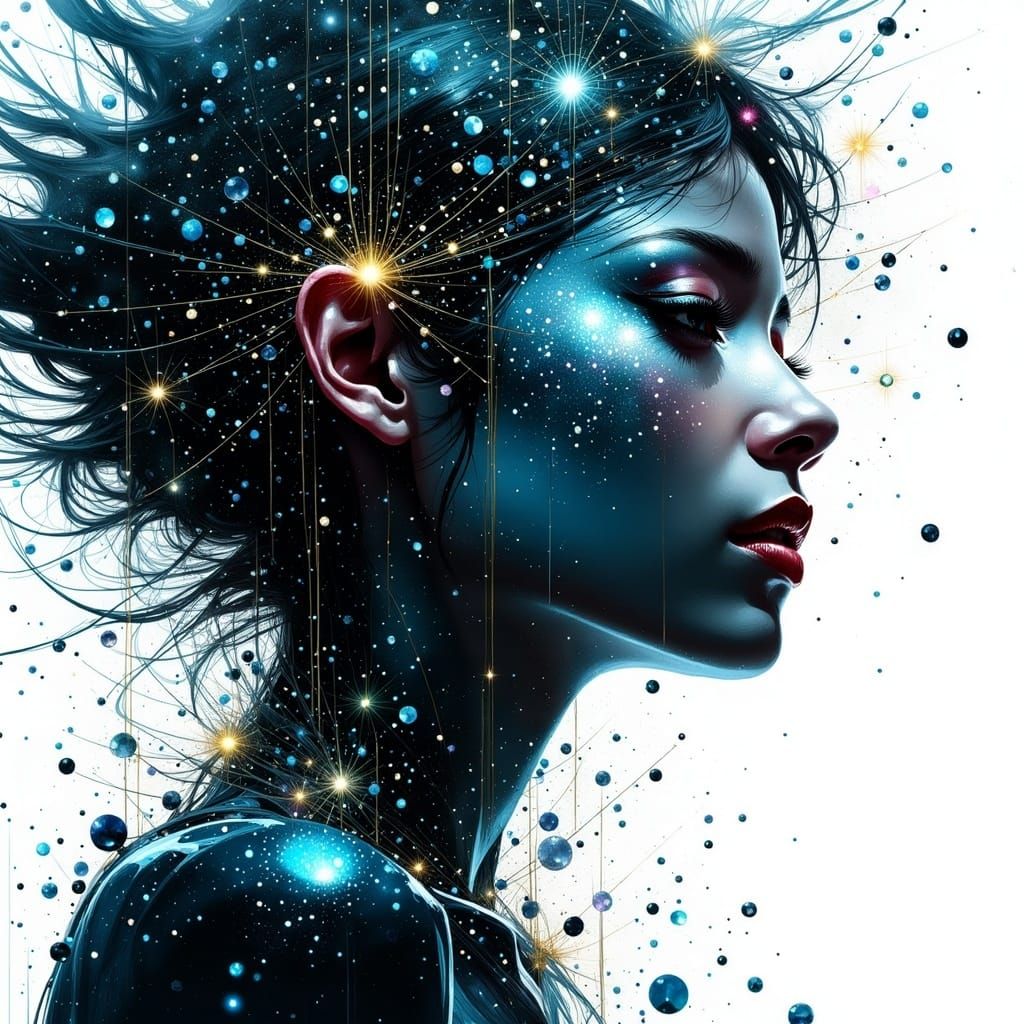 <lora:Make it sparkle:1.0>8k; crazed sci fi woman: face portrait, gold blue white red by Jeremy Mann, Carne Griffiths, Junji Ito, Robert Oxl...