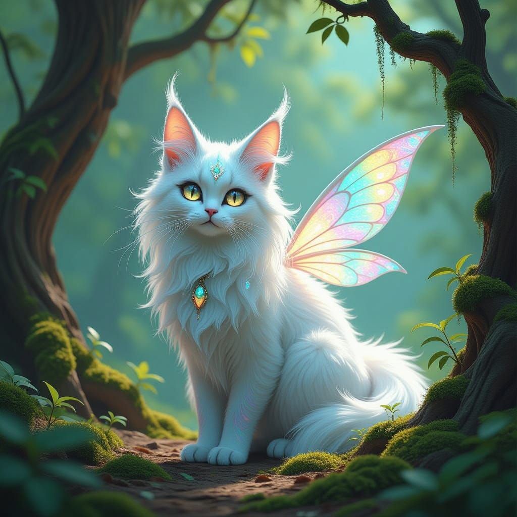 A new fantasy Female cat creature discovered in a beautiful forest, with huge eyes