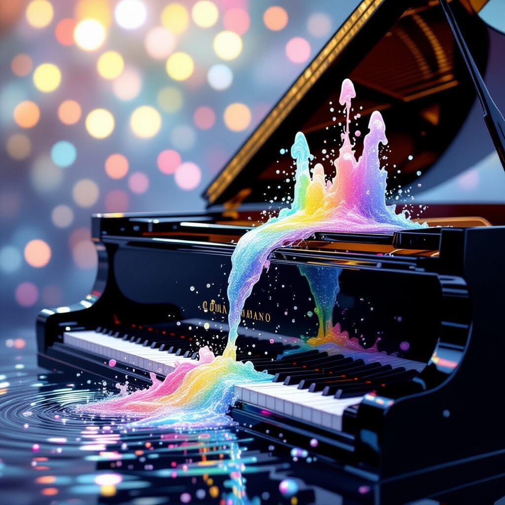 Colorful Grand Piano with Erupting Liquid Keys