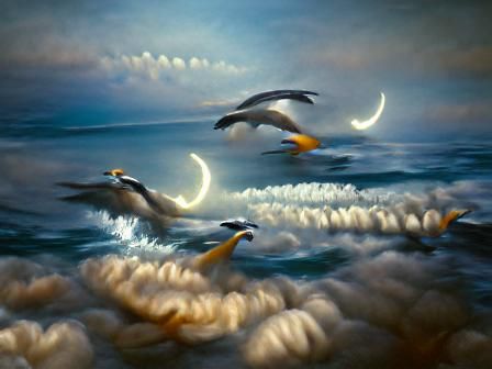 graceful birds flying over a moonlit sea ii