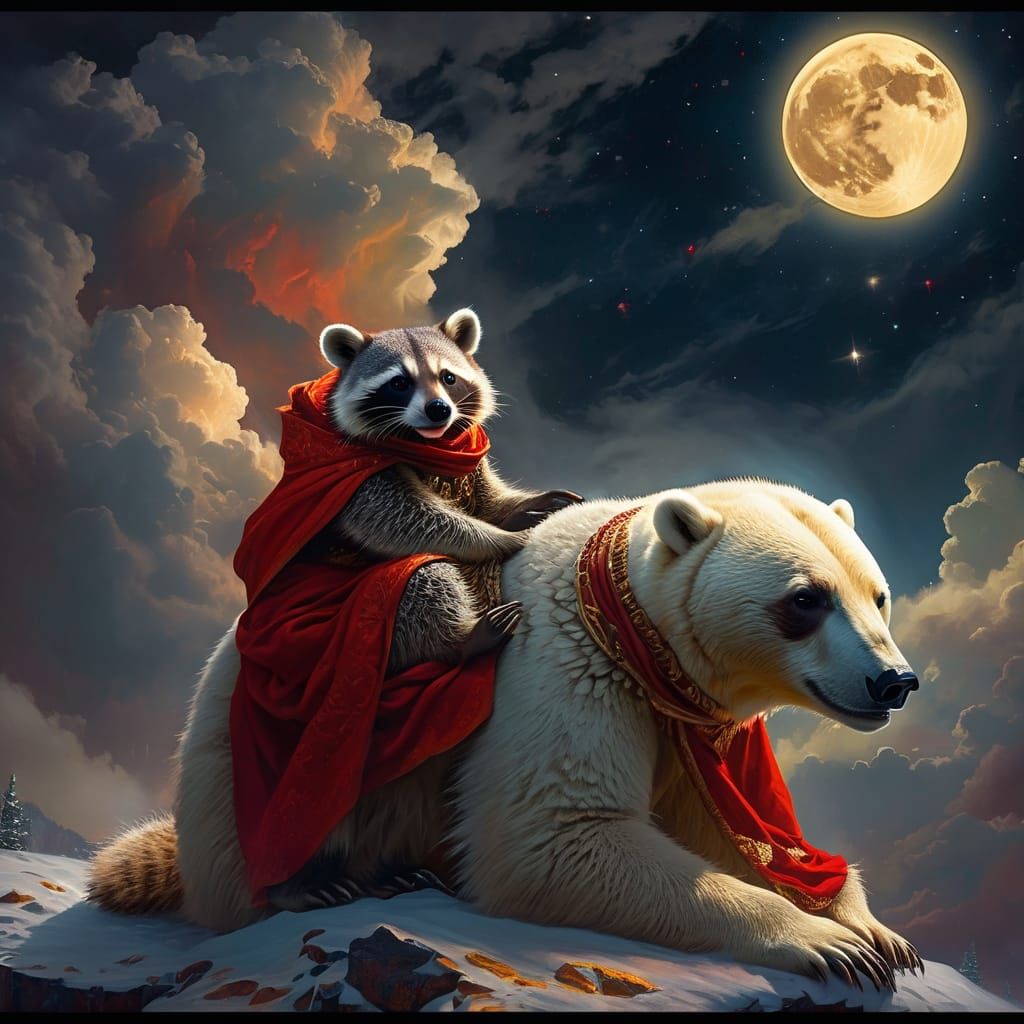 Raccoon is riding on a Polar Bear