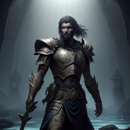 Warrior Gazing at Gems in Ancient Temple