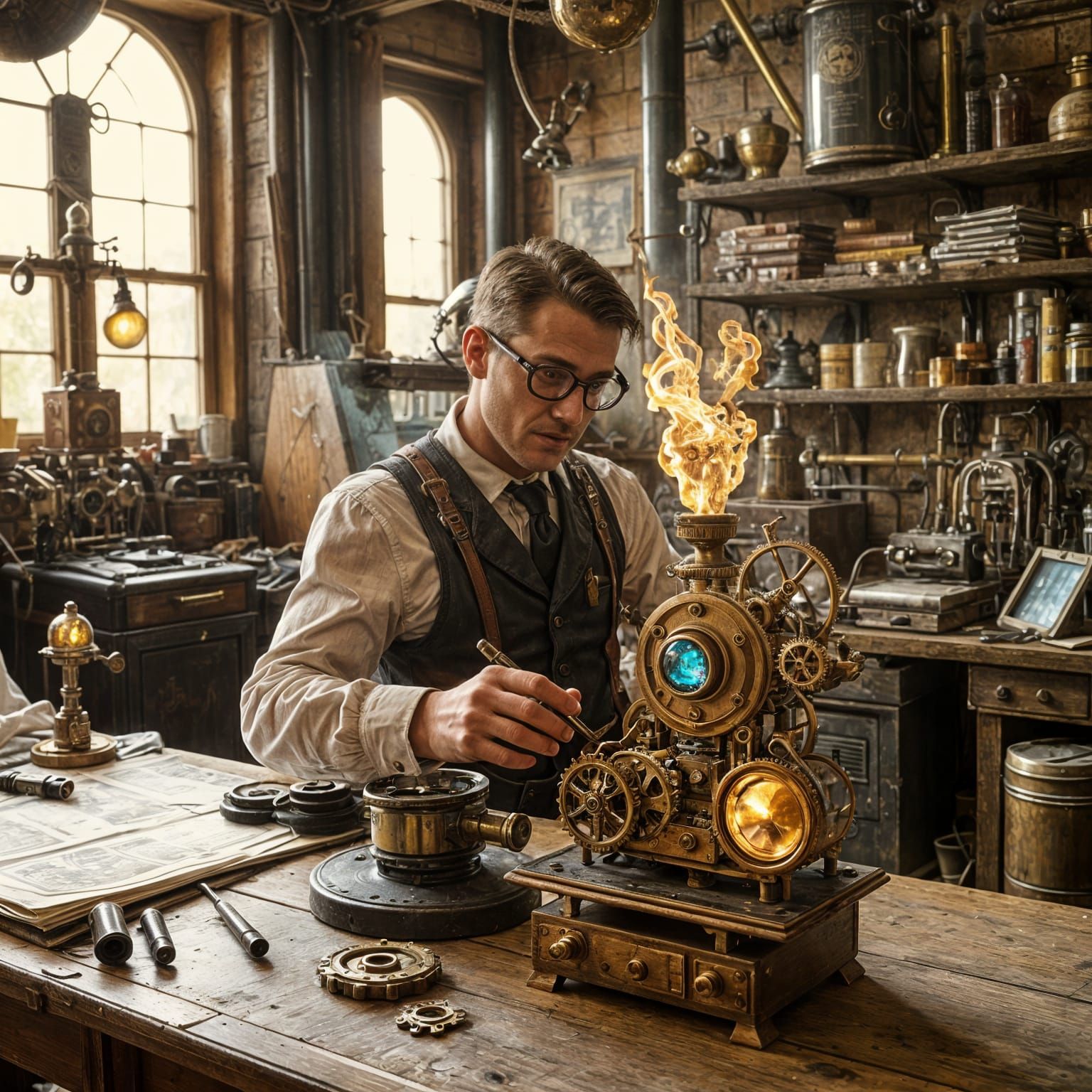 A brilliant steampunk inventor, wearing goggles and a leather corset, tinkers with a fantastical machine ...  by @Mellysia