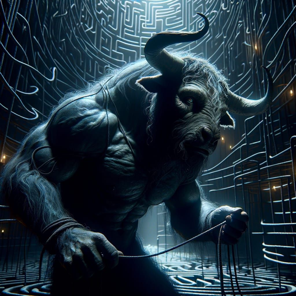A Minotaur wandering a dark labyrinth