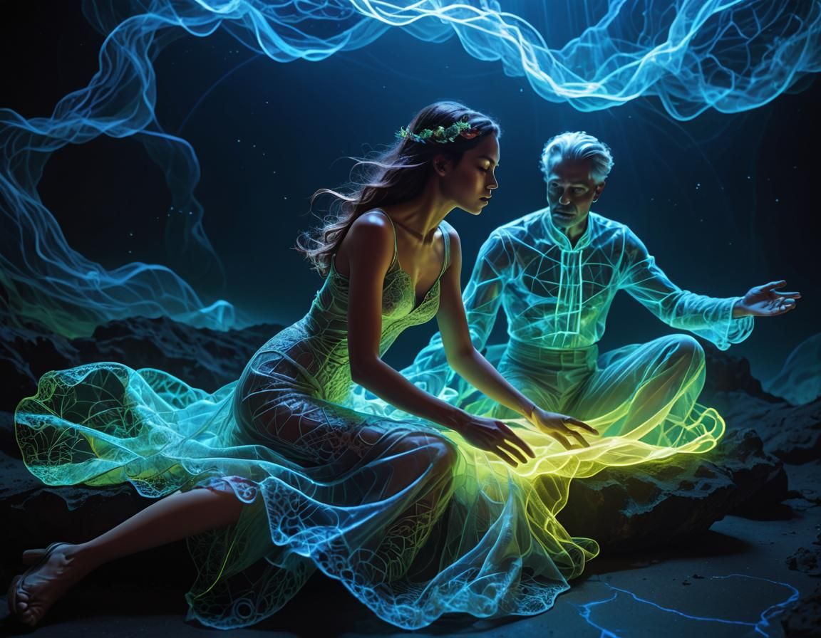 earth background man and mysterious woman pulsating with ene...