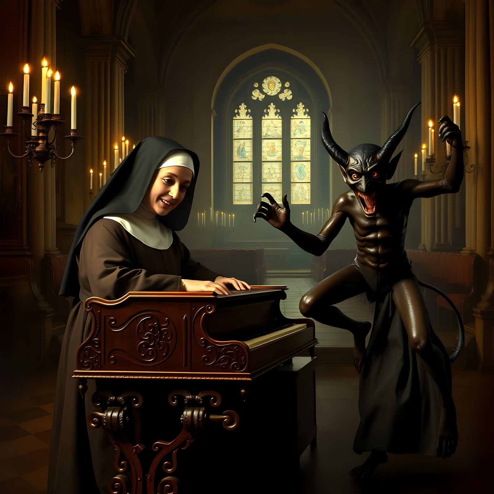 "Then it occured to her..she loved the devil" 

 she desired the devil..she was so happy being with him..

Spanish ...  by @Bill Wallace