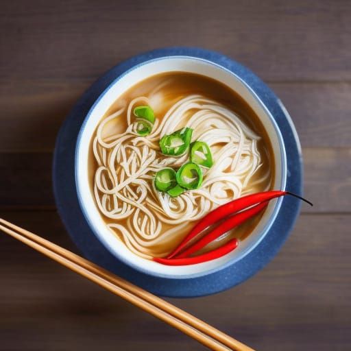 bowl of noodles with soya sauce and chopsticks and chilli