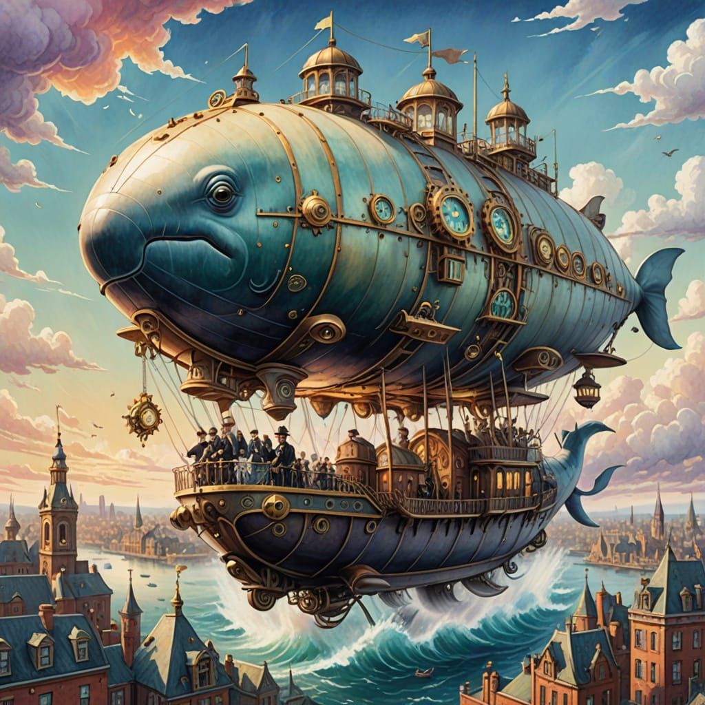 An enormous, intricately designed steampunk airship, resembling a clockwork whale, floats serenely above a miniature, bustling Victorian cit...